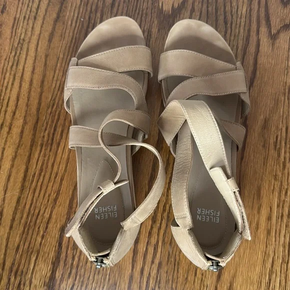 Eileen Fisher Tan Leather Wedge Sandals Sally Wedges, Sz 10 - Picture 9 of 12